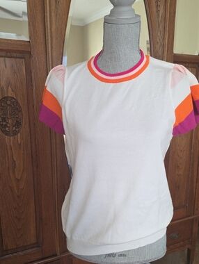 White Short Sleeve Knit Top with Pink & Orange Stripe Flutter Sleeves and Trim